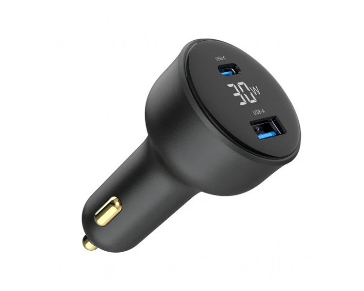 დამტენი Gembird TA-UC-AC2PD30LCD-CAR-01 2-port USB CarFast Charger USB-C PD LCD 30W Black