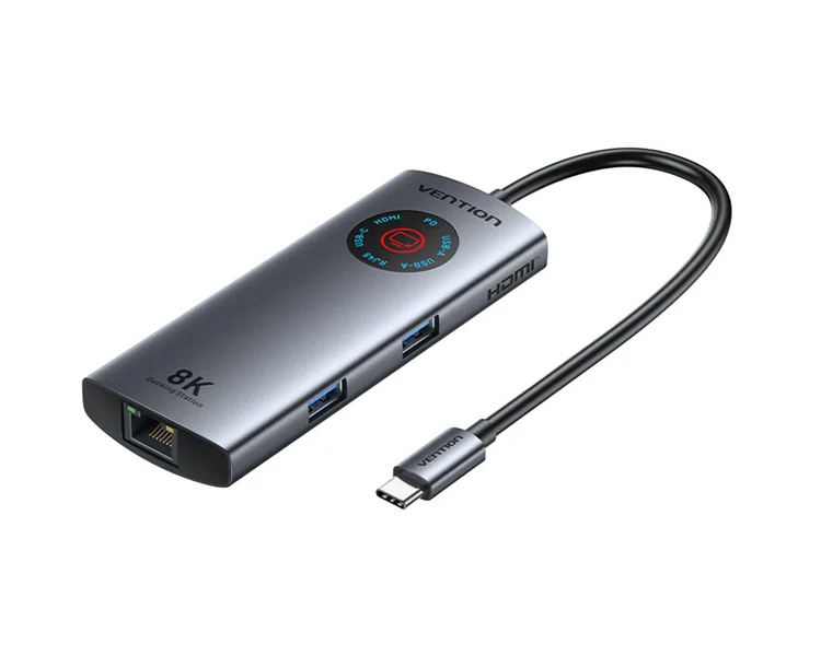 დოქ სადგური Vention TQZHB 6-in-1 USB-C 8K/30Hz Docking Station 5Gbps 100W PD With Smart Led Display 0.15m Aluminum