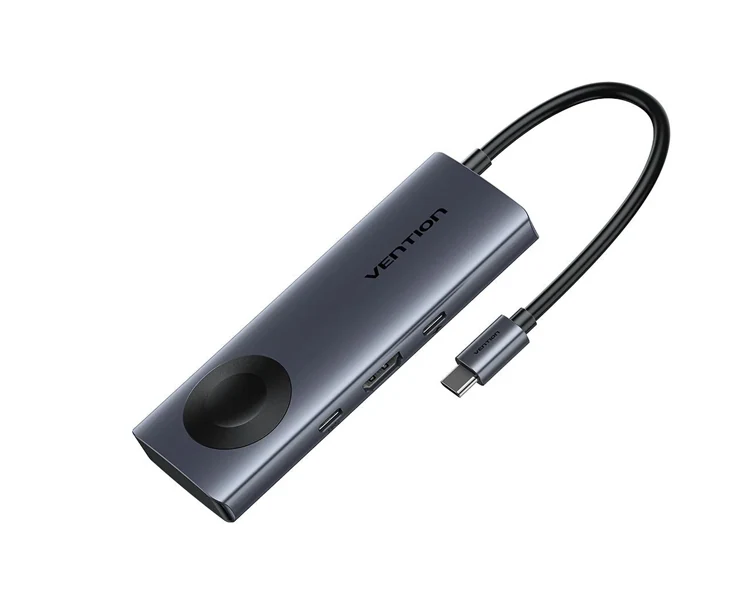 დოქ სადგური Vention TPMHB 6-in-1 USB-C 4K/60Hz Wireles Charging Docking Station 5Gbps 100W PD 0.11m Gray Aluminum