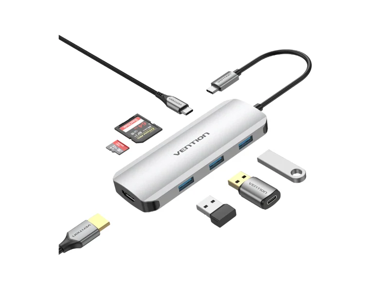 დოქ სადგური Vention TOJHB 7-in-1 USB-C 4K/30Hz Docking Station 5Gbps 100W PD 0.15m Gray Aluminum