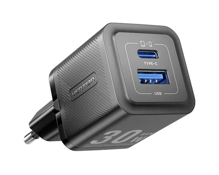დამტენი Vention FEQB0-EU 2-Port USB/USB-C GaN Charger (30W/30W) EU-Plug Black