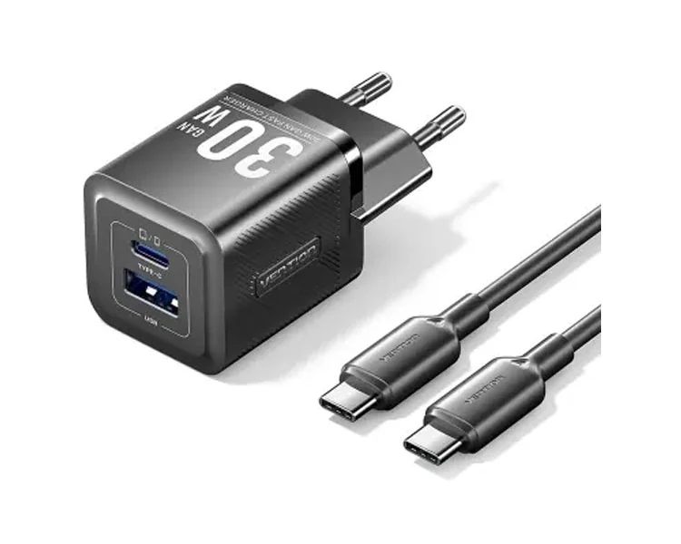დამტენი Vention TZ-FEQB0-EU-01 2-Port USB/USB-C GaN Charger (30W/30W) with USB-C Cable (1m) EU-Plug Black