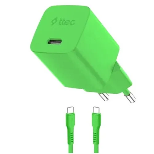 დამტენი Ttec Smartcharger GAN 45W AVS PD Travel Fast Charger + USB-C -USB-C 60W Cable, Neon Green 2SCG45CN