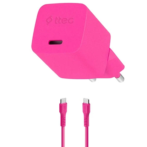 დამტენი Ttec Smartcharger GAN 20W PD Travel Fast Charger + USB-C -USB-C 60W Cable 120CM, Neon Pink 2SCG20CNP