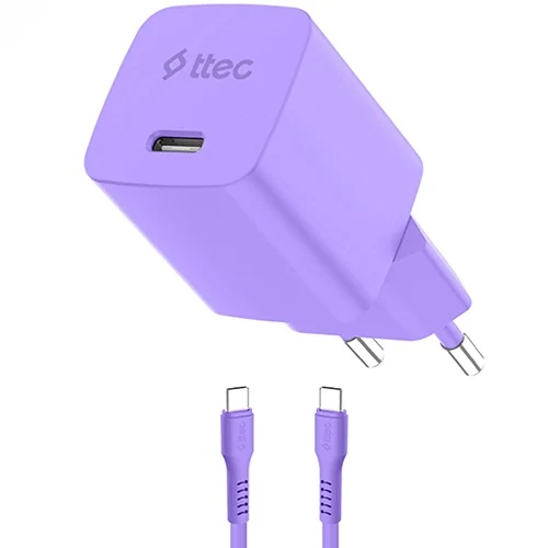 დამტენი Ttec Smartcharger GAN 20W PD Travel Fast Charger + USB-C -USB-C 60W Cable 120CM, Neon Purple 2SCG20CNMR