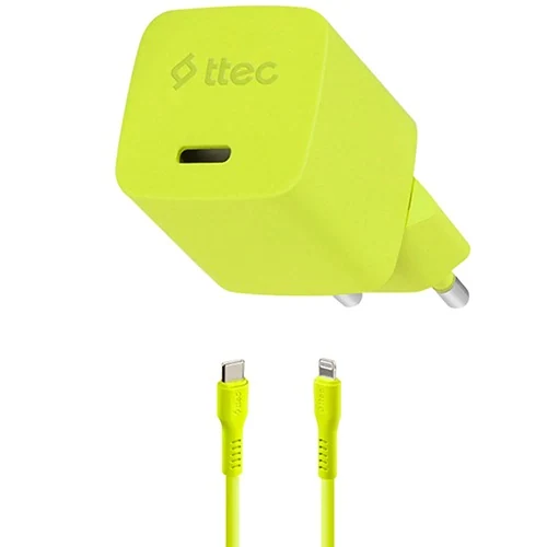 დამტენი Ttec Smartcharger GAN 20W PD Travel Fast Charger + USB-C -LIGHTNING Cable 120CM, Neon Yellow 2SCG20LNS