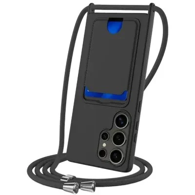 ტელეფონის ქეისი For Samsung Galaxy S25 Ultra Case Liquid Silicone Card Holder Back Phone Cover with Lanyard