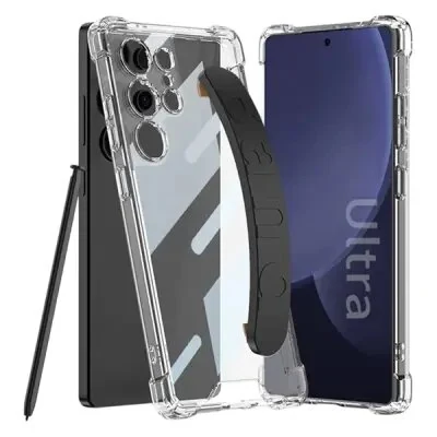 ტელეფონის ქეისი GKK 10873 For Samsung S25 Ultra Case Airbag Shockproof Phone Cover with Wrist Strap - Black