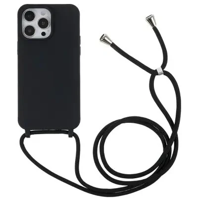 ტელეფონის ქეისი Shockproof Cover for iPhone 15 Pro Slim Case TPU Phone Shell with Long Strap - Black