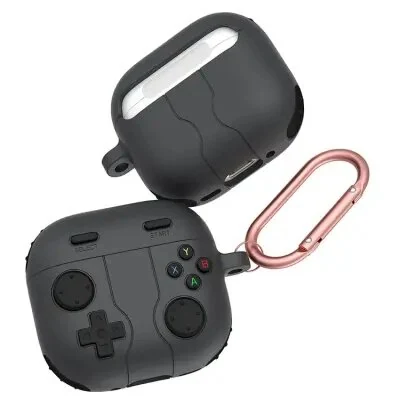 ყურსასმენის ქეისი For AirPods 4 Case Game Console Shape Earphones Silicone Shell with Carabiner - Dark Grey