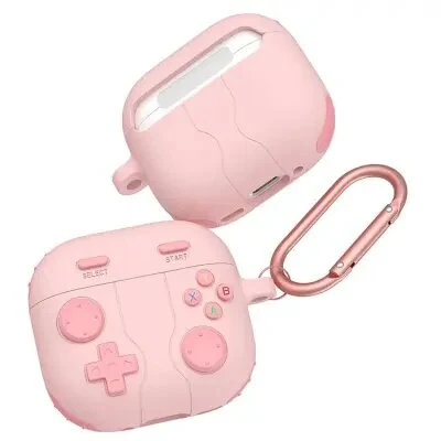 ყურსასმენის ქეისი For AirPods 4 Case Game Console Shape Earphones Silicone Shell with Carabiner - Pink