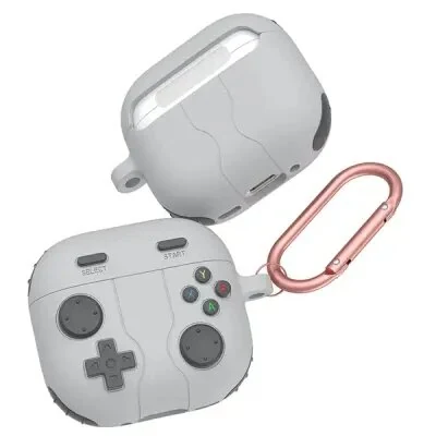 ყურსასმენის ქეისი For AirPods 4 Case Game Console Shape Earphones Silicone Shell with Carabiner - Rock Grey