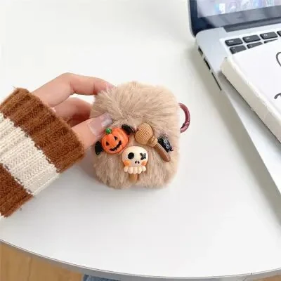 ყურსასმენის ქეისი For Apple AirPods 2nd gen. Little Ghost Skull Soft Fluff Earbud Cover with Ring Buckle - Khaki