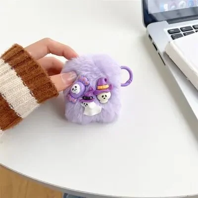 ყურსასმენის ქეისი For Apple AirPods 2nd gen. Little Ghost Skull Soft Fluff Earbud Cover with Ring Buckle - Purple