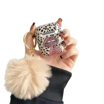 ყურსასმენის ქეისი For Apple AirPods 2nd gen.Anti-Drop Cover Lip Leopard Pattern TPU Headset Case with Hair-Ball