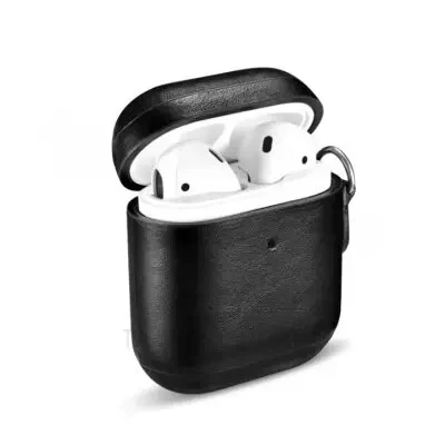 ყურსასმენის ქეისი For Apple AirPods 2nd gen.ICARER Cowhide Leather AirPods Case with Strap - Black