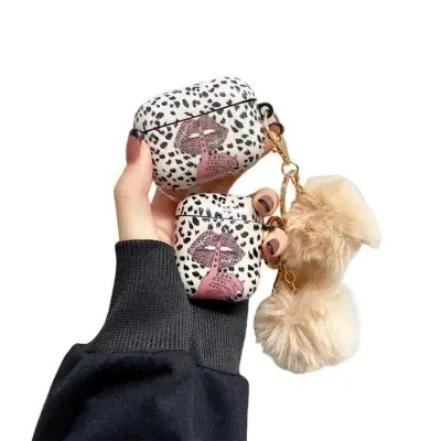 ყურსასმენის ქეისი For Apple AirPods Pro Lip Leopard Pattern TPU Cover Anti-Drop Headset Case with Hair-Ball